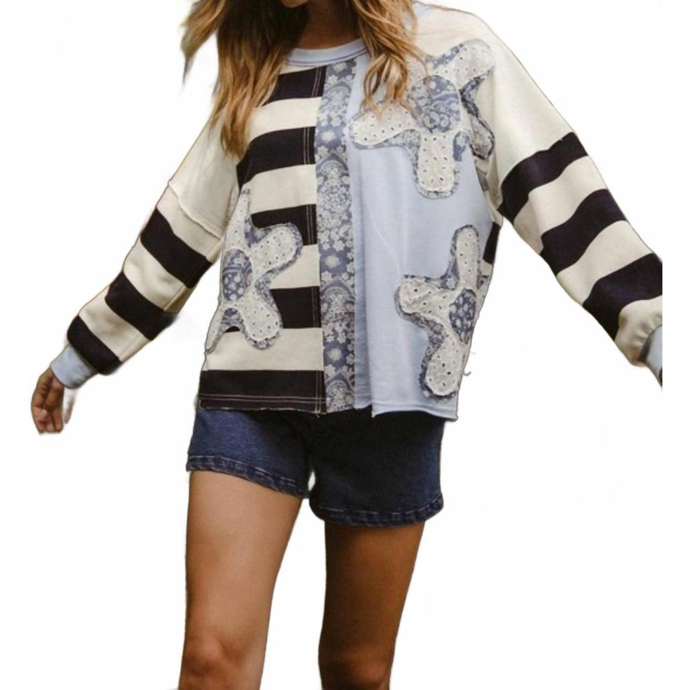 BiBi Cream and Black Striped Crewneck Sweater with Applique Lg - Picture 3 of 3